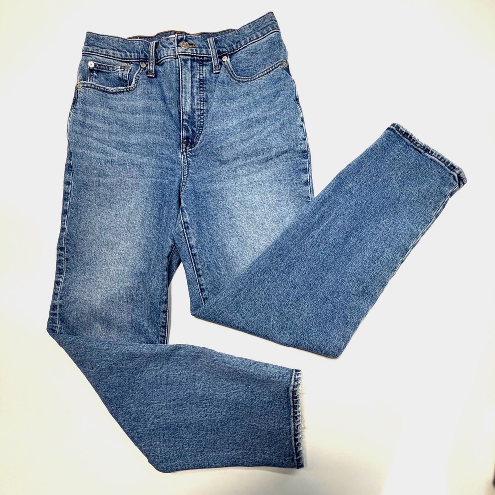 Madewell The‎ Mom Jean Women's Sz 27 • Raw Hem Straight Leg High Rise Denim